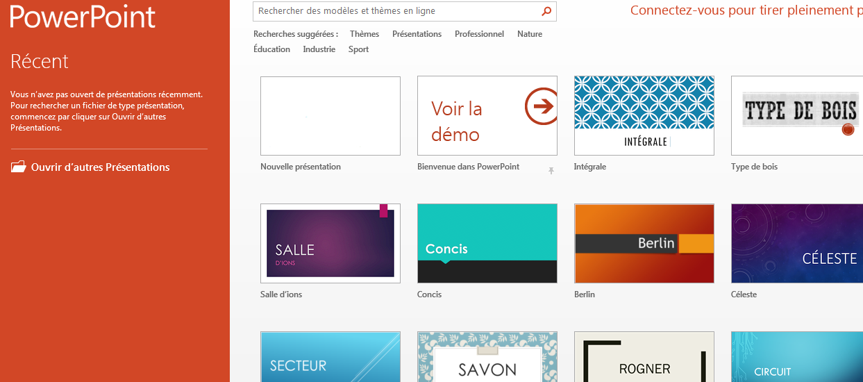 Fenetre de lancement Powerpoint 2013